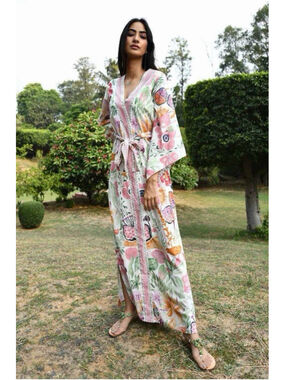 D’Ascoli S Lotus Kimono Dress Cotton Belted Maxi Coastal Summer Boho NEVER WORN!